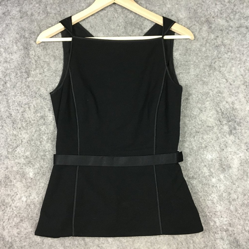 Jason Wu Top 2 Blouse Sleeveless Silk Trim Solid Black Belted Square Neck Career